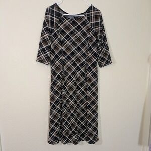 En Focus Studio Plaid Midi Dress Women's  Size 6 3/4 Sleeve A-Line Brown Autumn